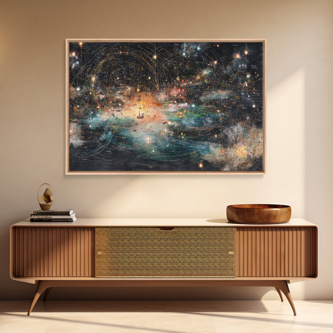 Cosmic Ocean Map With Stars And Light Trails, Abstract Wall Art, Modern Canvas Print, Mystical Office Decor, Galaxy Art Print