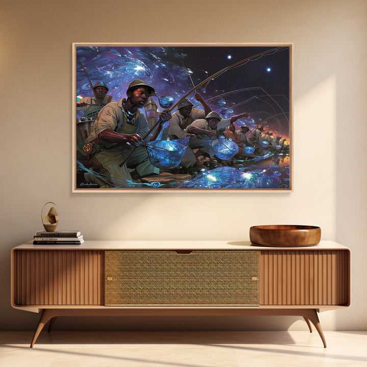Afrofuturist Fishermen Catching Glowing Fish, Starry Night Canvas Print, African Wall Art, Bold Black Culture Decor Gift