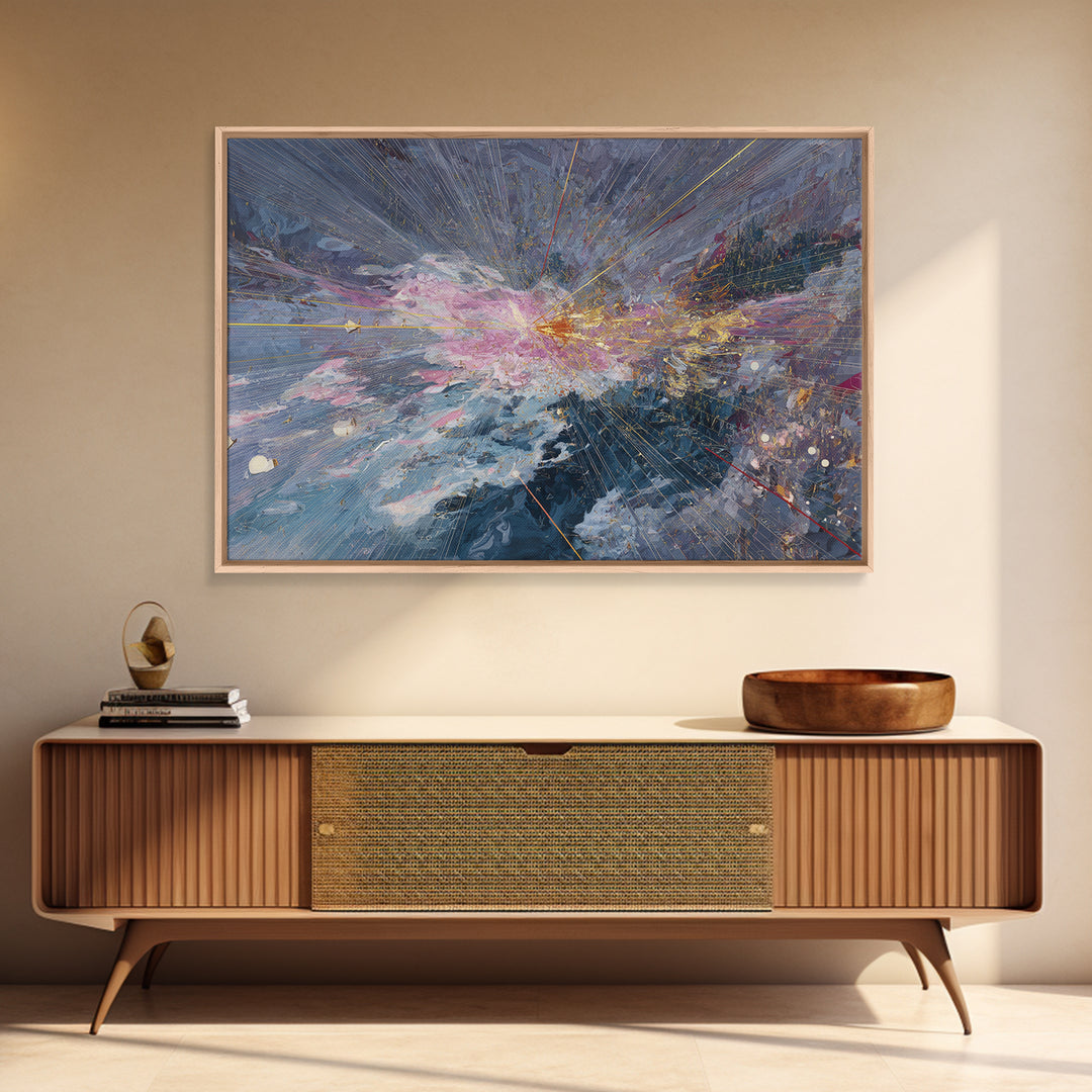 Abstract Cosmic Burst Canvas Print, Blue Pink Gold Textured Painting, Modern Abstract Wall Art, Luxury Home Decor Gift For Living Room