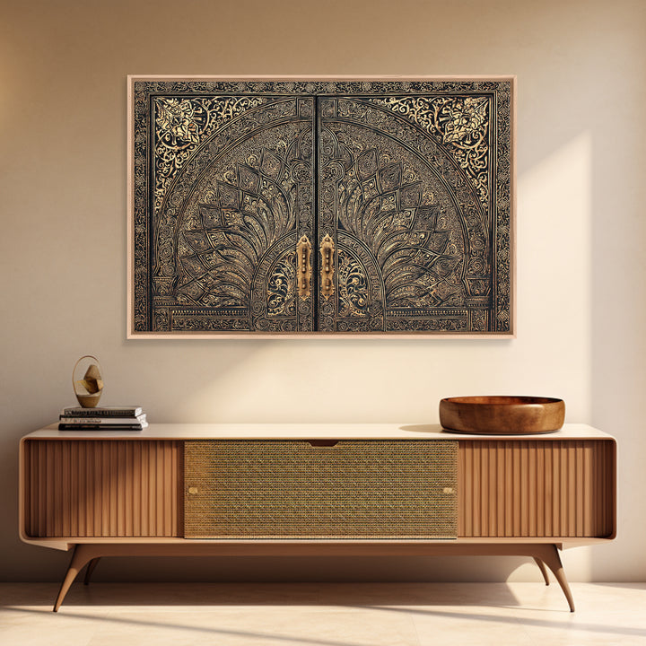 Ornate Black Gold Door Canvas Print, Moroccan Inspired Geometric Pattern Wall Art, Elegant Home Decor, Luxury Art Gift For Office