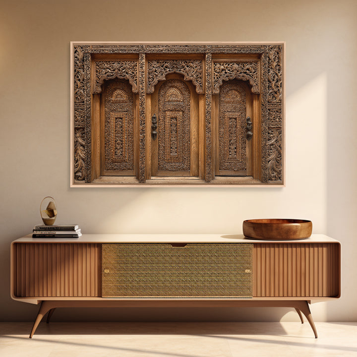 Carved Wooden Temple Doors Wall Art, Ornate African Inspired Architecture Print, Rustic Boho Home Decor, Cultural Gift For Hallway