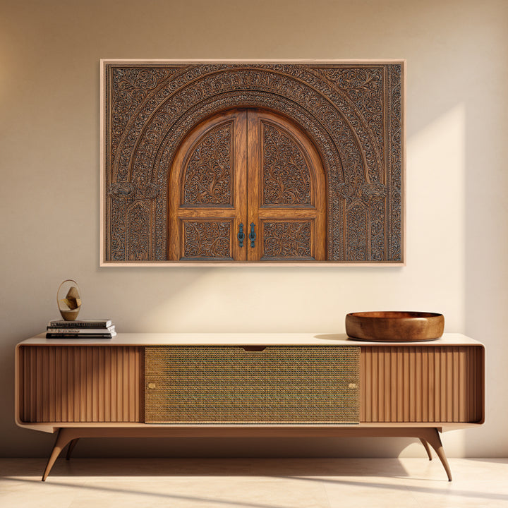 Arched Carved Wood Door Framed Canvas Print, Intricate Moroccan Pattern Wall Art, Rustic Bohemian Home Decor Gift For Living Room