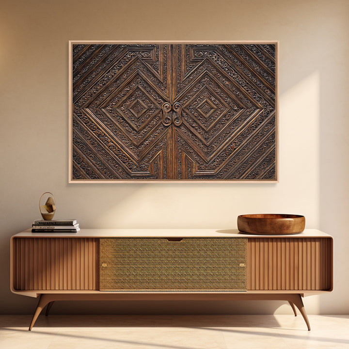 Geometric Carved Wood Door Canvas Print, Ornate Tribal Pattern Wall Art, Brown Rustic Home Decor, Unique Cultural Gift For Office