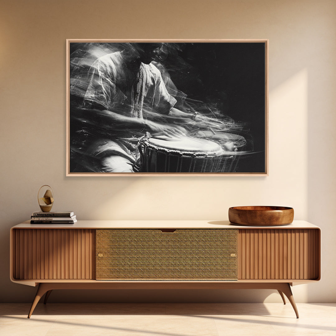 Black And White Drummer Wall Art, Motion Blur African Music Portrait, Afrocentric Canvas Print, Cultural Home Decor Gift