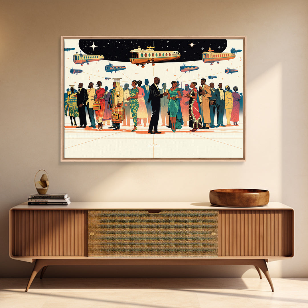 Afrofuturist Travel Crowd Wall Art, African American Art Print, Black Culture Poster, Modern Diaspora Home Decor Gift For Her