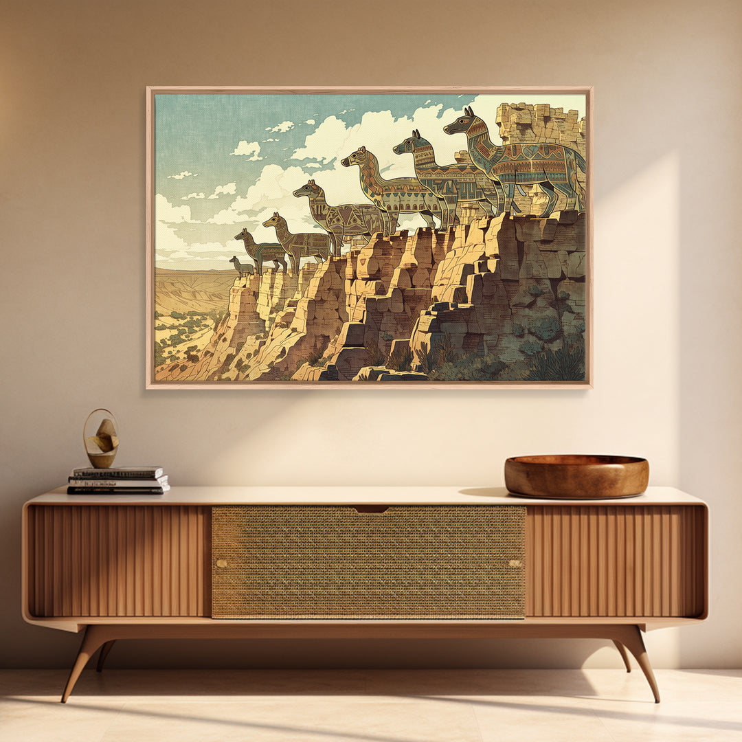 Stylized Giraffe Caravan Canvas Print, African Safari Art, Canyon Landscape Wall Decor, Boho Animal Home Decor Gift For Her