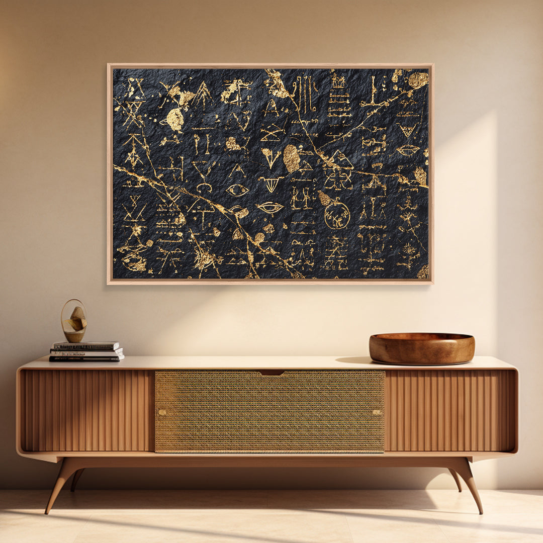 Gold Ancient Glyphs Wall Art, African Egyptian Art Print, Black Gold Canvas, Tribal Symbols Cultural Home Decor Gift Idea