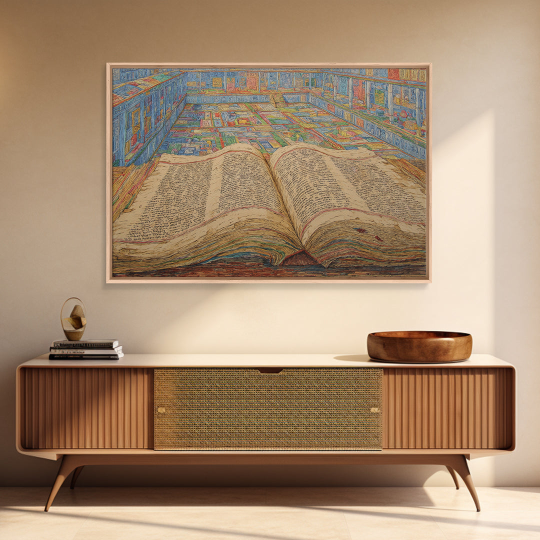 Ancient Open Book Library Wall Art, Scholarly Manuscript Canvas Print, Blue Office Decor, Literary Home Decor Gift For Reading Room