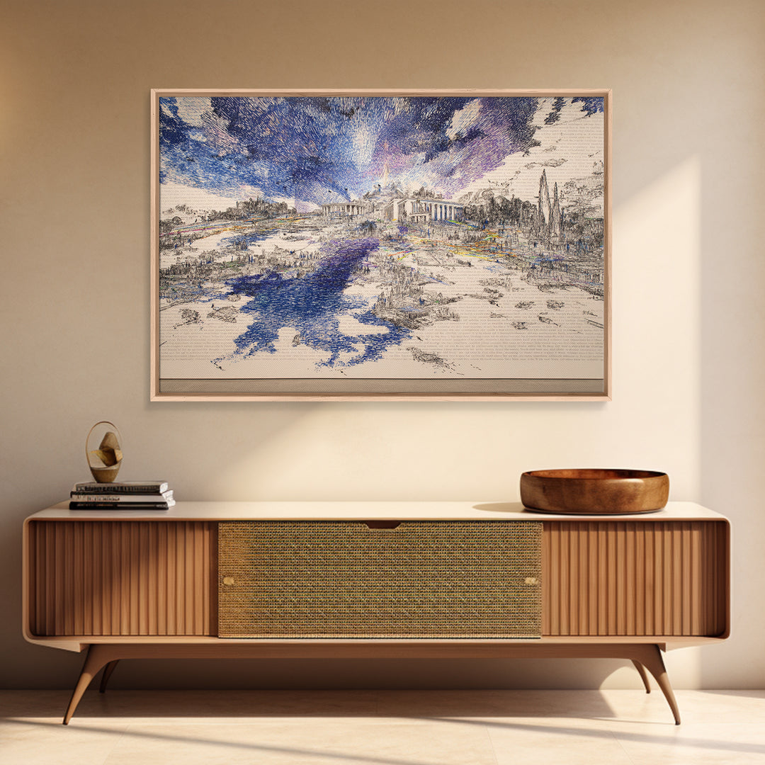 Blue River Ruins Landscape Wall Art, Classical Architecture Canvas Print, Dreamy Nature Scene, Elegant Office Home Decor Gift