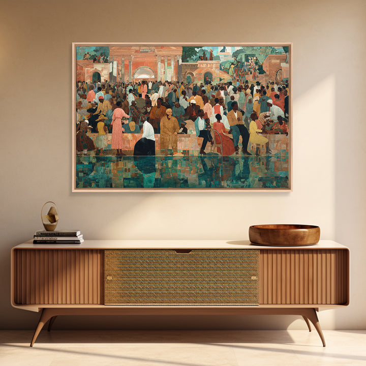 Vibrant African Plaza Crowd Wall Art, Cultural Celebration Canvas Print, Black People Decor, Afrocentric Home Decor Gift