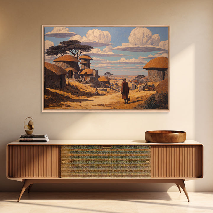 Thatched Village Path With Traveler Wall Art, African Landscape Canvas, Safari Hut Decor, Cultural Home Decor Gift For Living Room