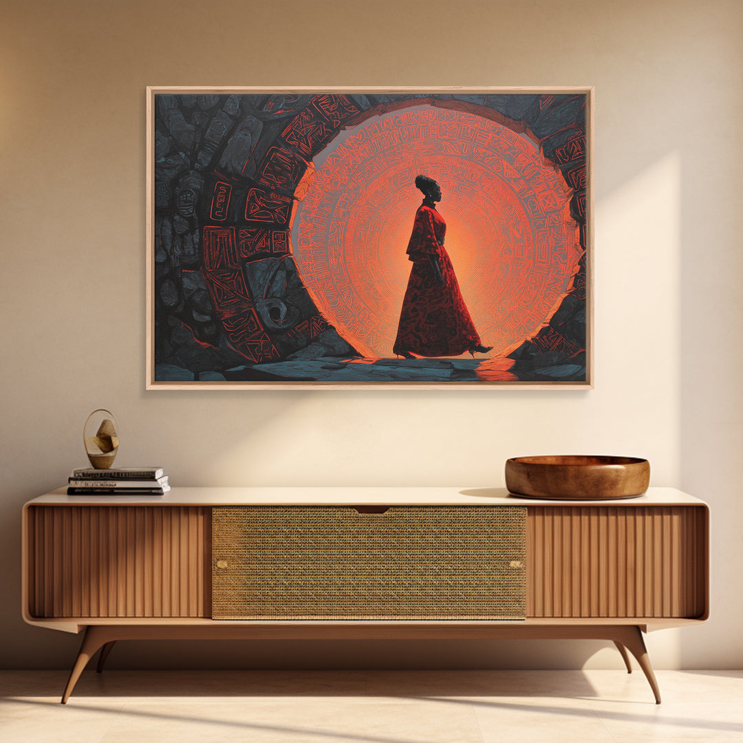 Silhouette Woman At Orange Ancient Portal Wall Art, Afrofuturism Canvas Print, Spiritual African Decor For Home Or Office