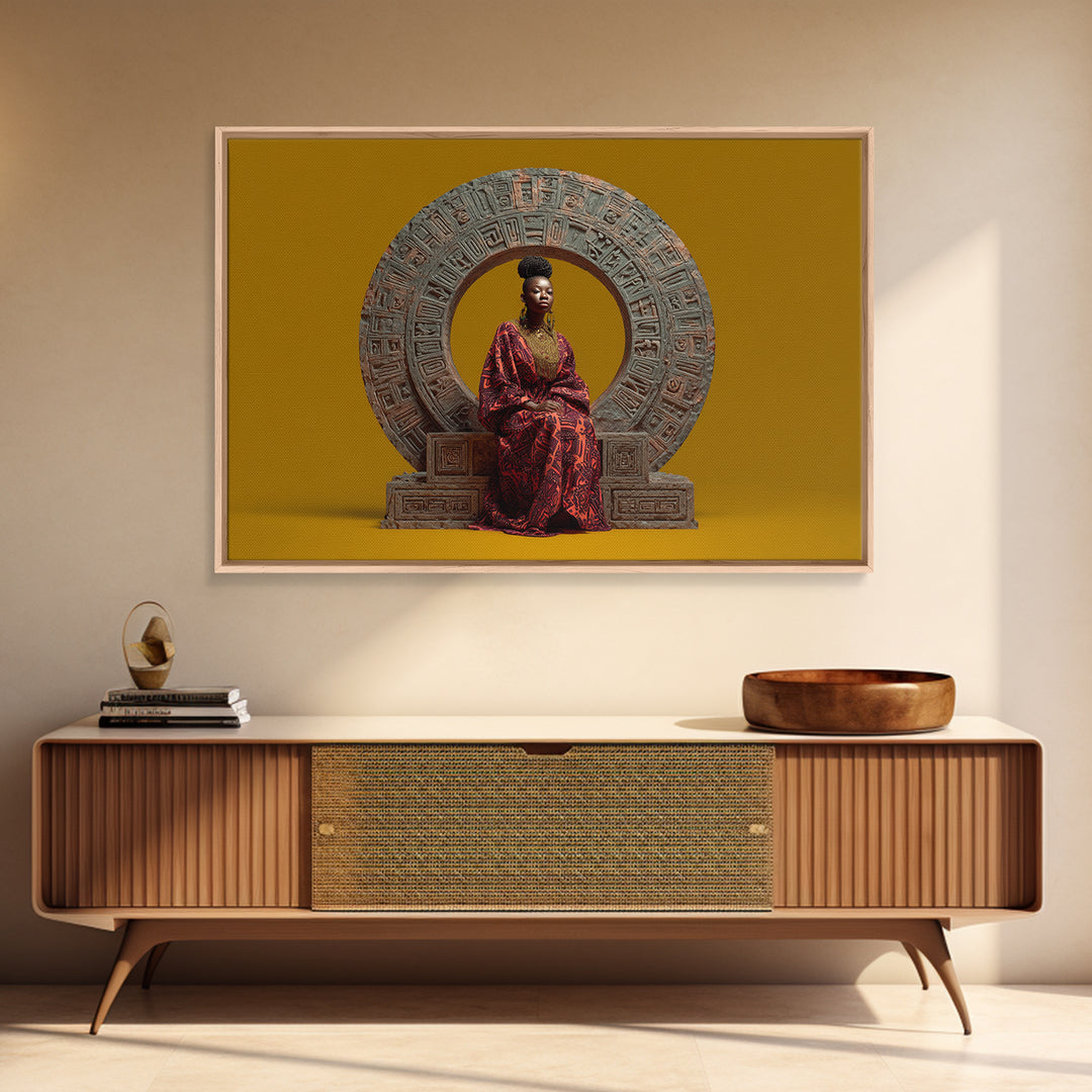 Seated African Queen In Red Robe Canvas Print, Regal Portrait Wall Art, Cultural Home Decor, Black Goddess Gift For Living Room