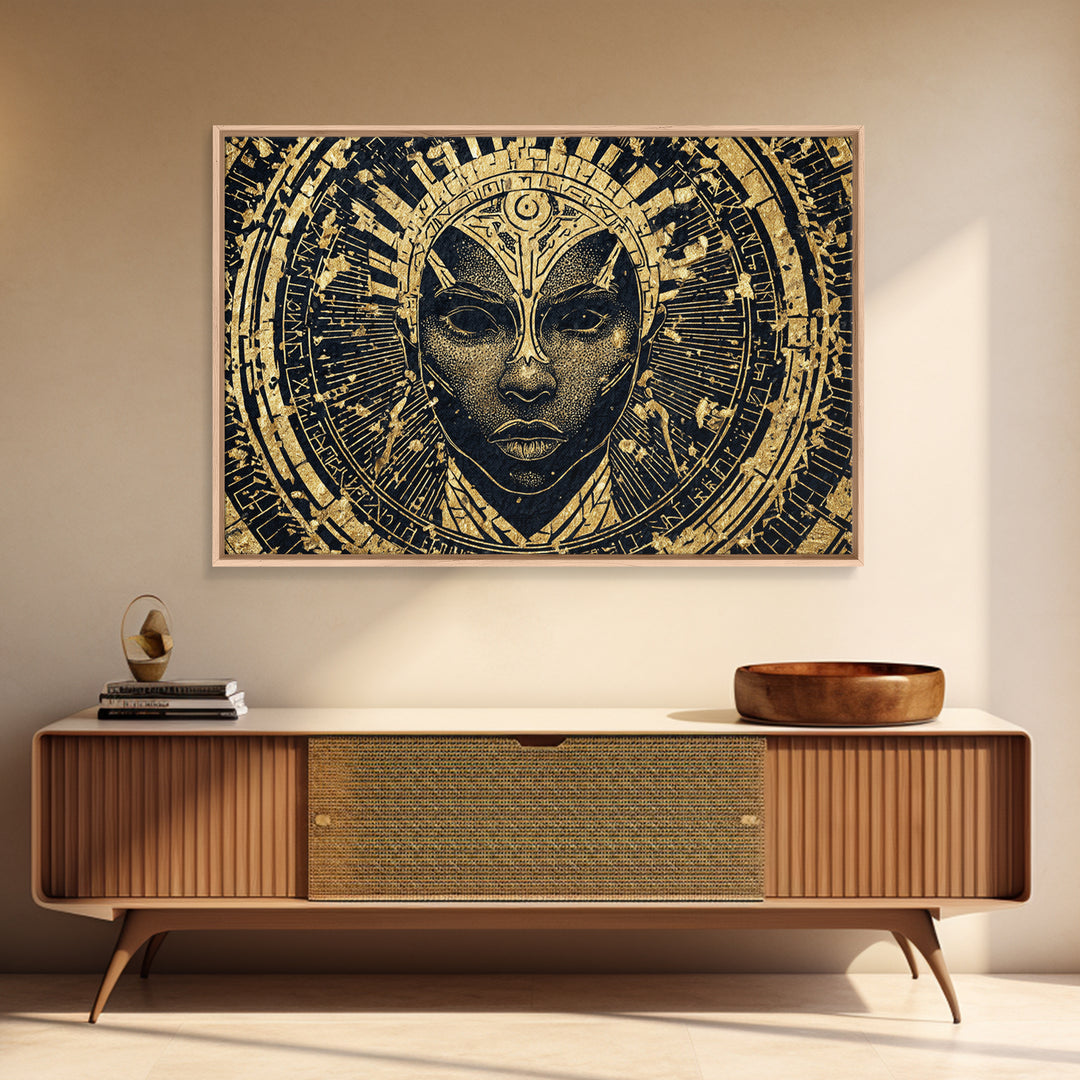 Gold Black Tribal Mask Face Wall Art, African Abstract Portrait Canvas Print, Spiritual Statement Decor For Living Room Gift