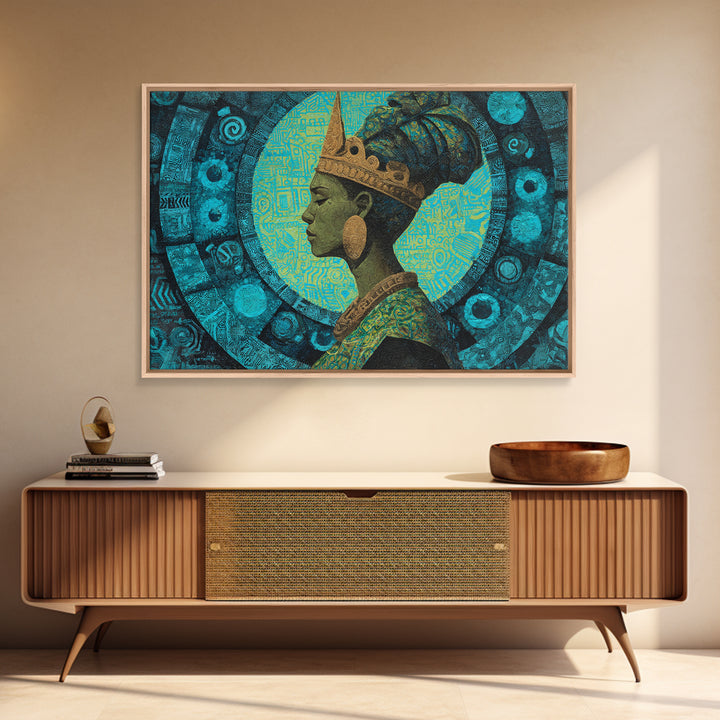 Turquoise Crowned African Queen Profile Wall Art, Afrocentric Portrait Canvas Print, Teal Cultural Decor For Home Or Office Gift