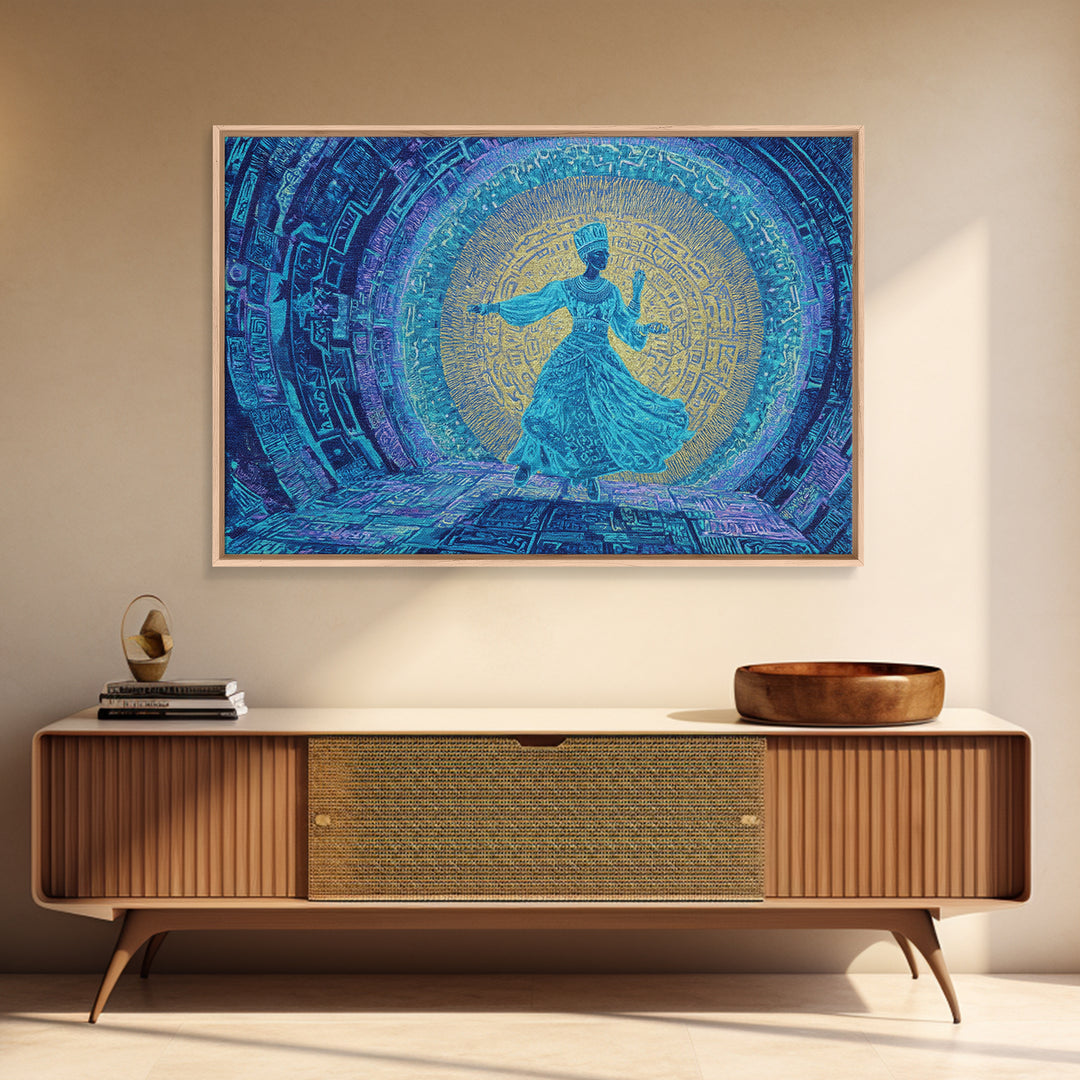 Ethereal Blue Whirling Dancer Portal Wall Art, African Inspired Spiritual Wall Decor, Teal Gold Boho Modern Canvas Print