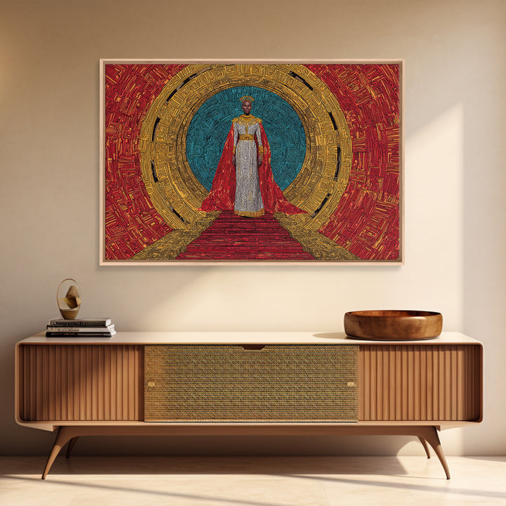 Regal African Queen In Red Cape Framed Canvas Print, Afrocentric Wall Art, Black Goddess Portrait, Luxury Home Decor Gift