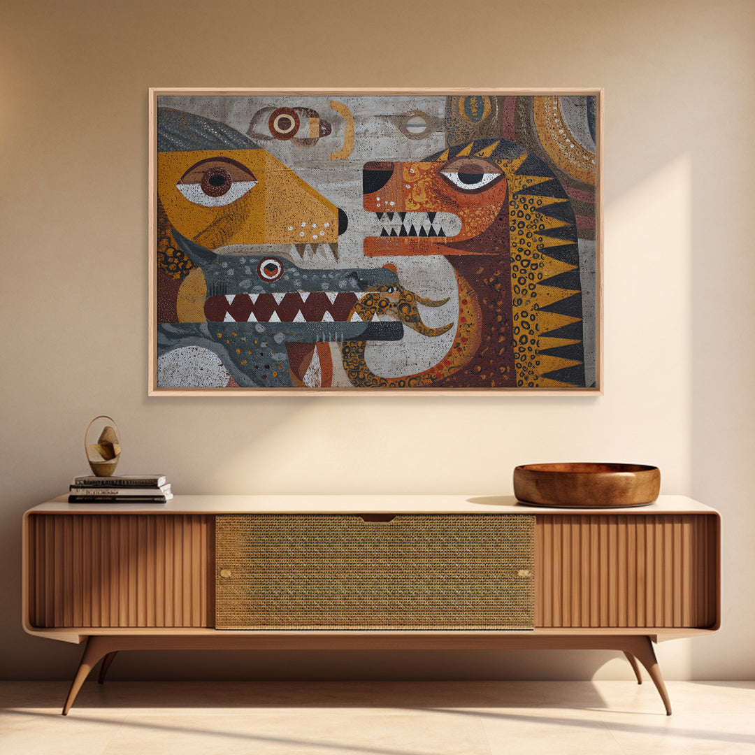 Cubist Tribal Animal Masks Wall Art, African Inspired Abstract Painting, Earth Tone Safari Decor, Modern Canvas Print Gift