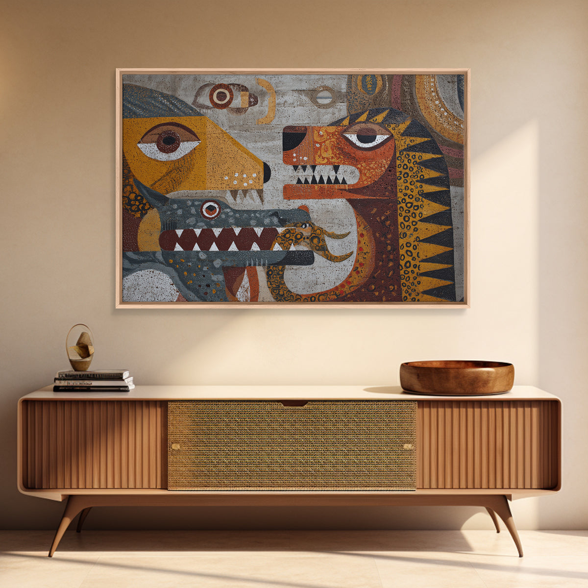 Cubist Tribal Animal Masks Wall Art, African Inspired Abstract Painting, Earth Tone Safari Decor, Modern Canvas Print Gift