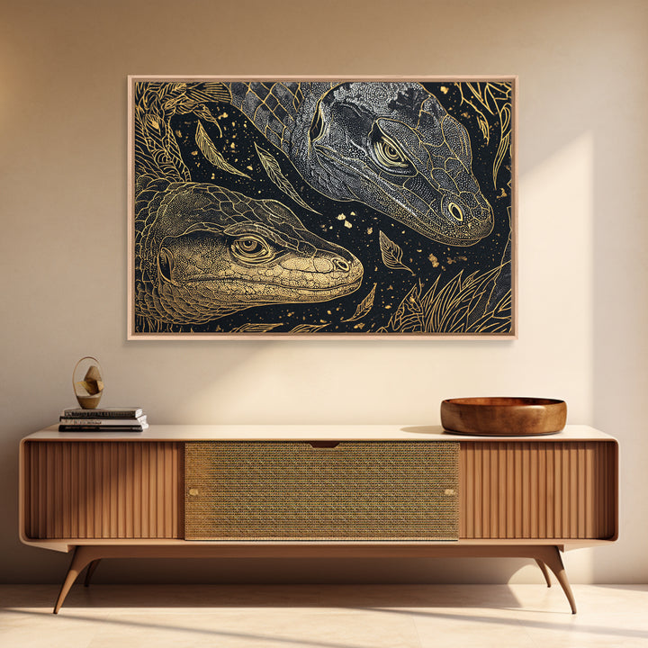 Black And Gold Lizard Pair Wall Art, African Animal Art Print, Elegant Reptile Home Decor, Luxury Canvas Print, Nature Gift