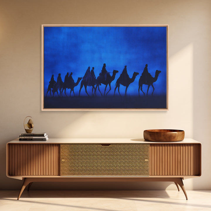 Blue Desert Camel Caravan Silhouette Wall Art, African Travel Poster, Sahara Safari Decor, Minimalist Canvas Print Gift For Him