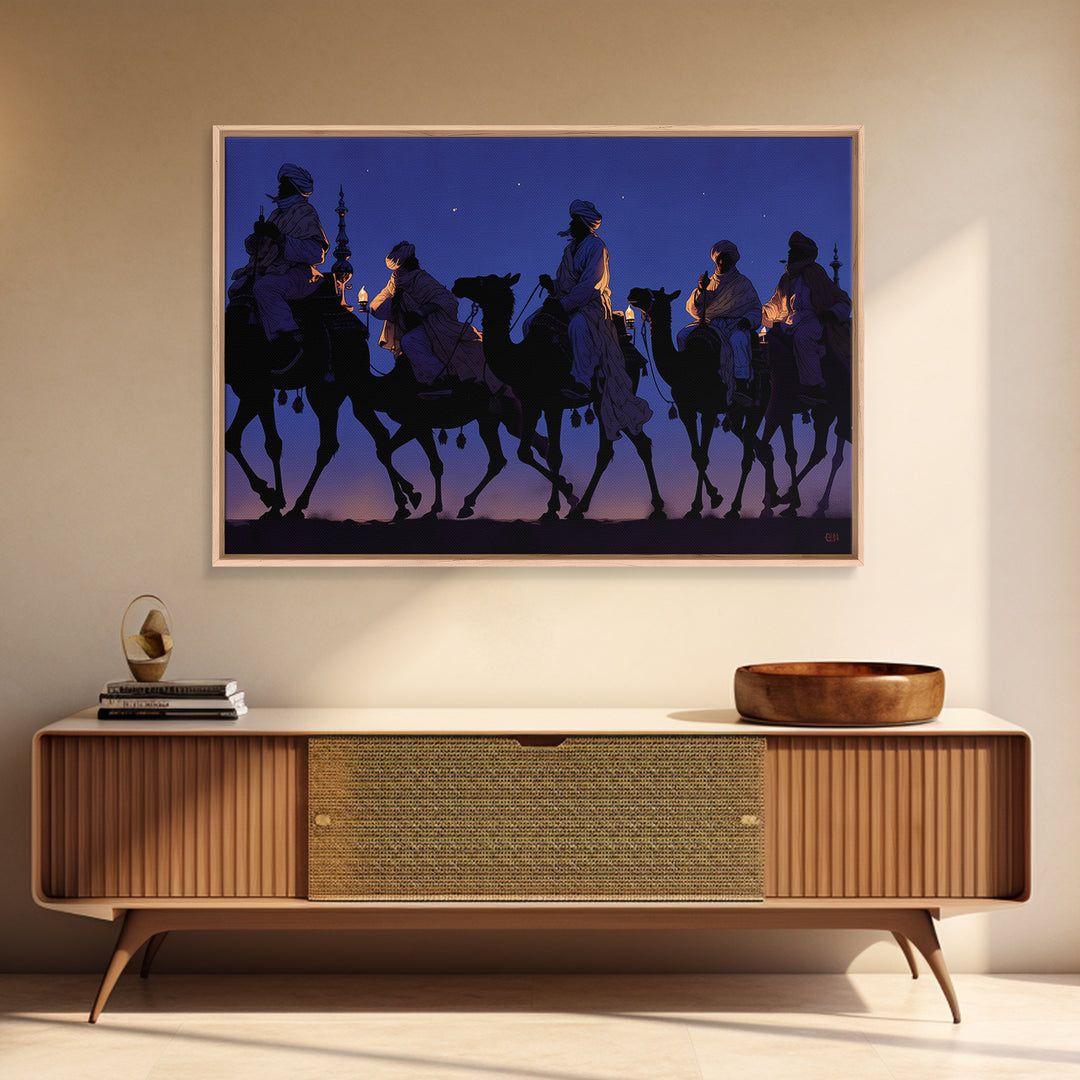 Blue Desert Camel Caravan With Lanterns Canvas Print, African Safari Art, Moroccan Travel Poster, Boho Wall Decor, Living Room Decor