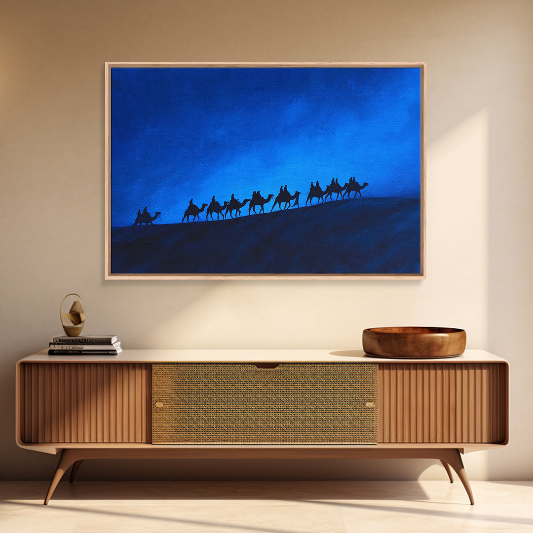 Blue Dune Camel Caravan Silhouette Framed Canvas Print, African Landscape, Sahara Travel Decor, Large Wall Art Prints For Living Room