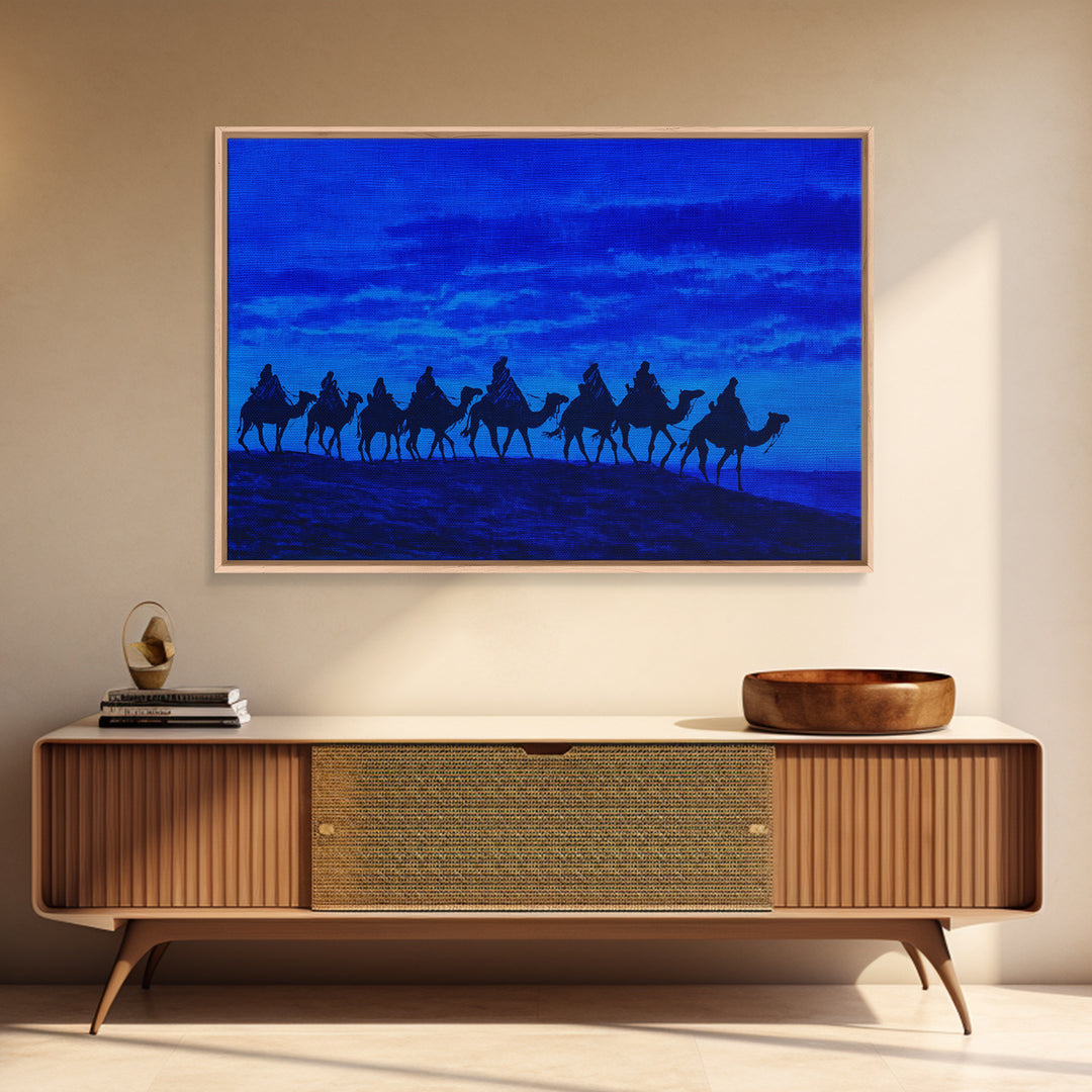 Textured Blue Camel Caravan On Ridge Wall Art, African Landscape Painting, Safari Decor, Boho Bedroom Wall Decor, Unique Home Decor