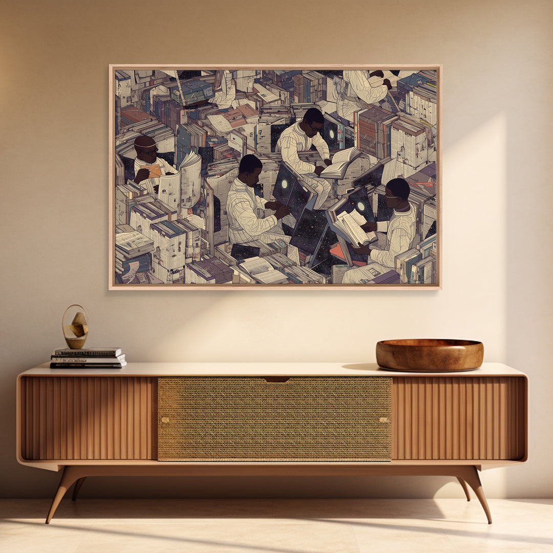 Surreal Black Scholars In Floating Book City Wall Art, Afrofuturism Decor, Black Culture Art, Unique Office Decor, Home Decor Gift