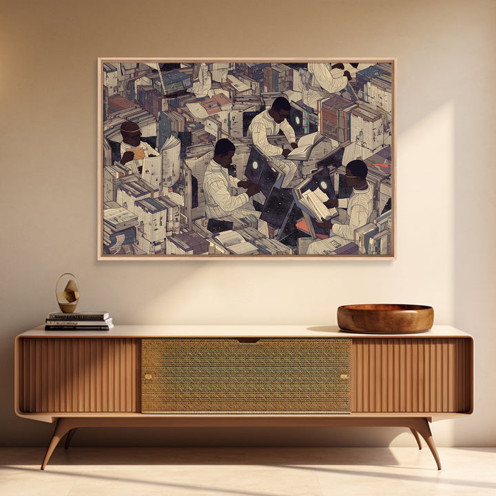 Surreal Black Scholars In Floating Book City Wall Art, Afrofuturism Decor, Black Culture Art, Unique Office Decor, Home Decor Gift