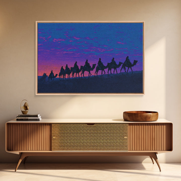 Purple Sunset Camel Caravan Silhouette Canvas Print, African Safari Art, Moroccan Travel Poster, Vibrant Wall Decor, Bedroom Wall Decor