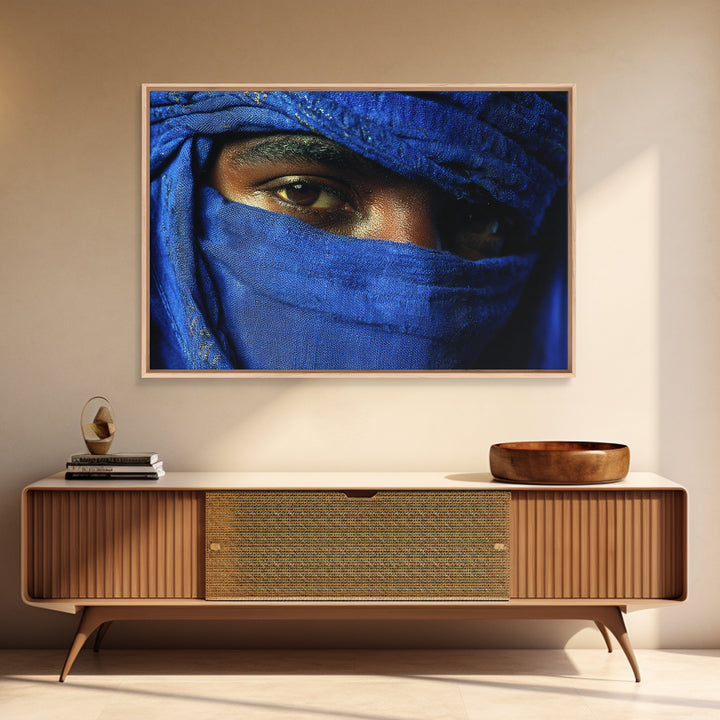Blue Veiled Tuareg Eyes Portrait Framed Canvas Print, African Portrait, Moroccan Travel Art, Bold Cultural Wall Decor, Gift For Him