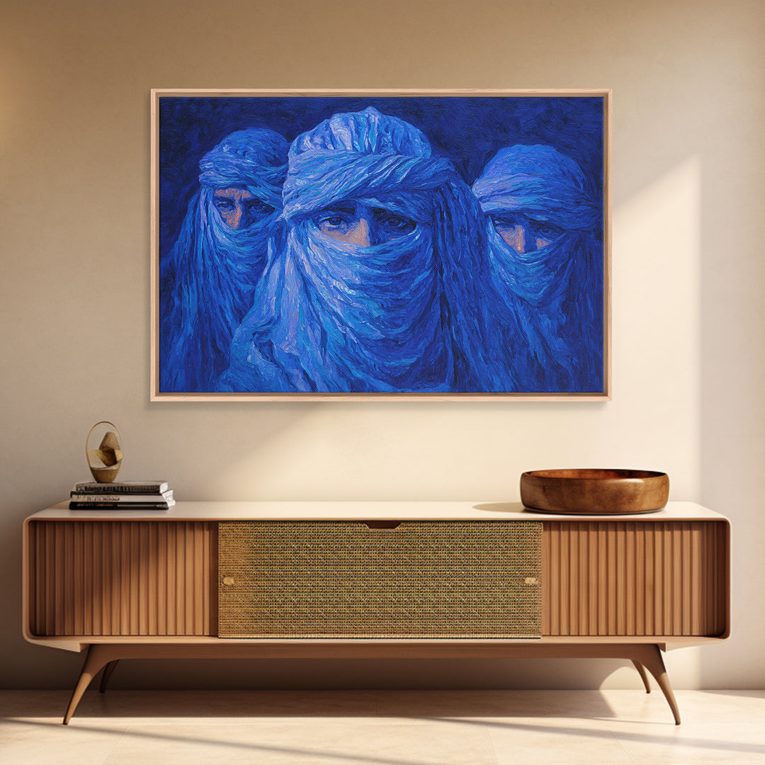 Blue Veiled Desert Nomad Portraits, African Wall Art, Tuareg Inspired Canvas Print, Afrocentric Decor, Bold Blue Gift For Home