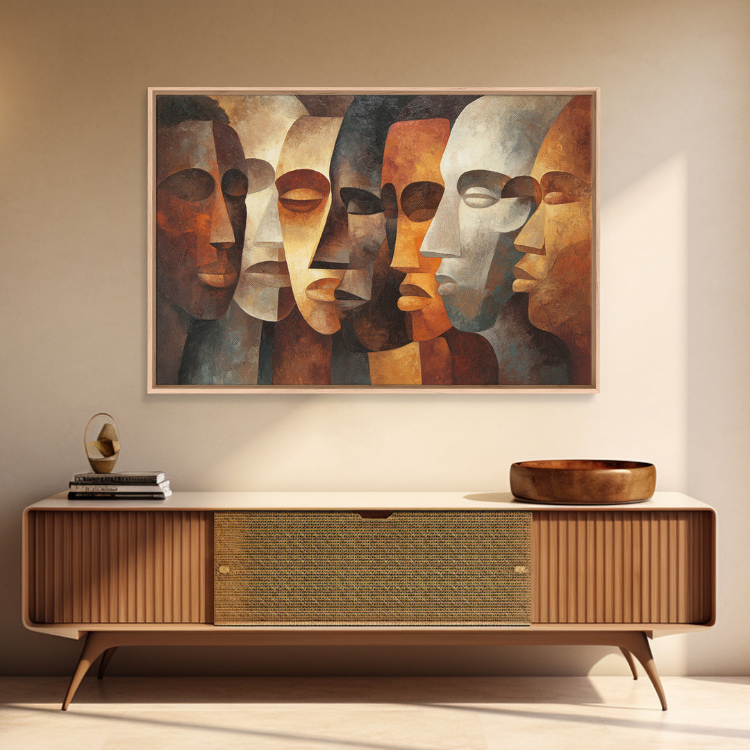 Earth Tone Abstract African Masks, Canvas Print, Cubism Wall Art, Tribal Faces, Modern Afrocentric Home Decor Gift For Living Room