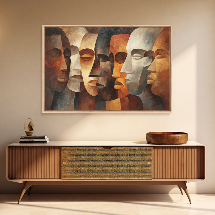 Earth Tone Abstract African Masks, Canvas Print, Cubism Wall Art, Tribal Faces, Modern Afrocentric Home Decor Gift For Living Room