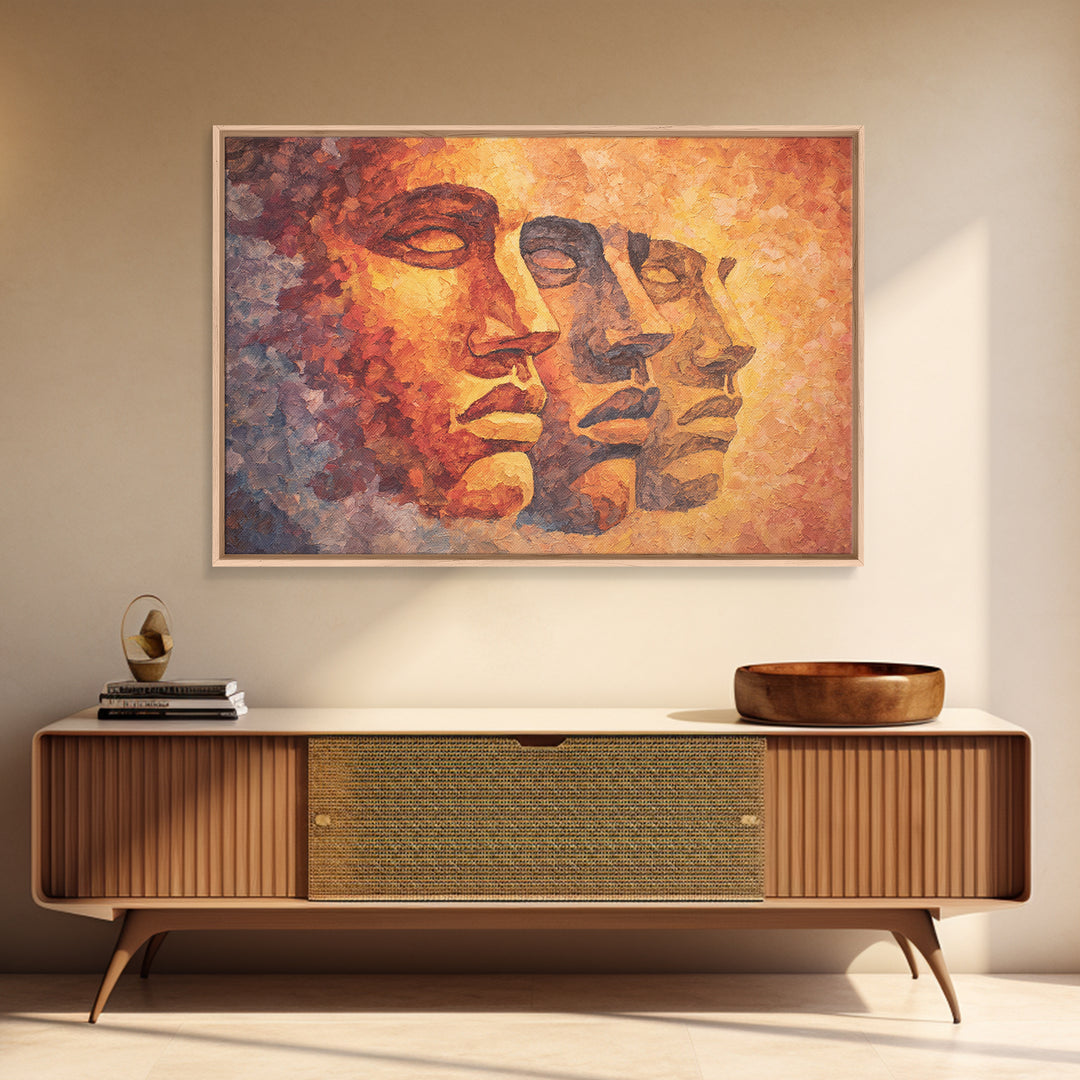 Textured Orange Ancestral Face Profiles, Framed Canvas Print, Abstract African Art, Warm Earth Tone Portrait Wall Decor Gift