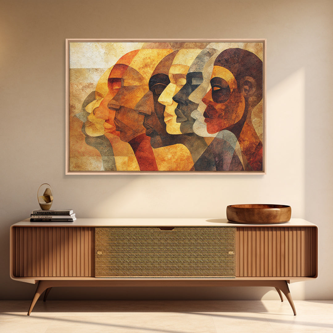 Layered African Profiles In Gold And Terracotta, Wall Art, Modern Canvas Print, Cultural Portrait Decor, Statement Gift For Home