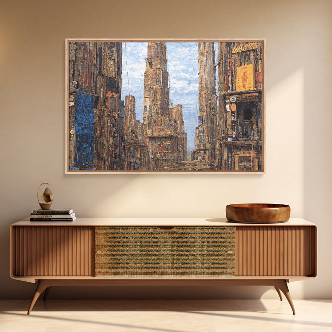 Textured Afro Futuristic City Street, Canvas Print, African Inspired Wall Art, Urban Architecture Decor, Cultural Home Gift