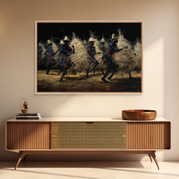 Night Straw Masquerade Dancers Framed Canvas Print, African Tribal Art, Cultural Wall Decor, Black Background Artwork, Gift