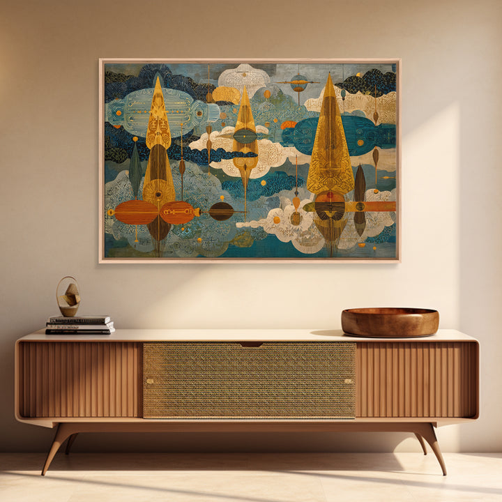 Golden Abstract African Patterned Sky Wall Art, Modern Geometric Canvas Print, African Decor, Boho Cultural Artwork, Home Decor