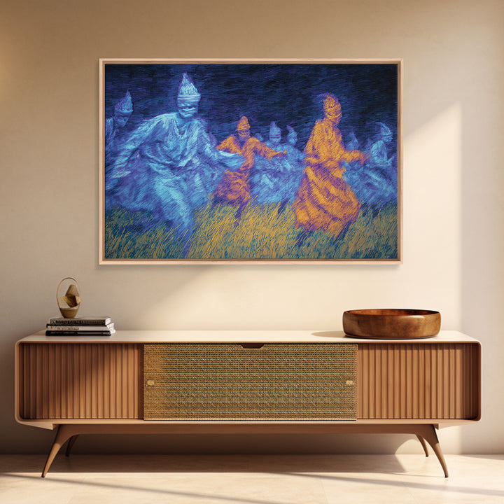 Blue And Orange African Spirit Dancers Wall Art, Cultural Tribal Art Print, Black History Decor, Afrocentric Canvas Print