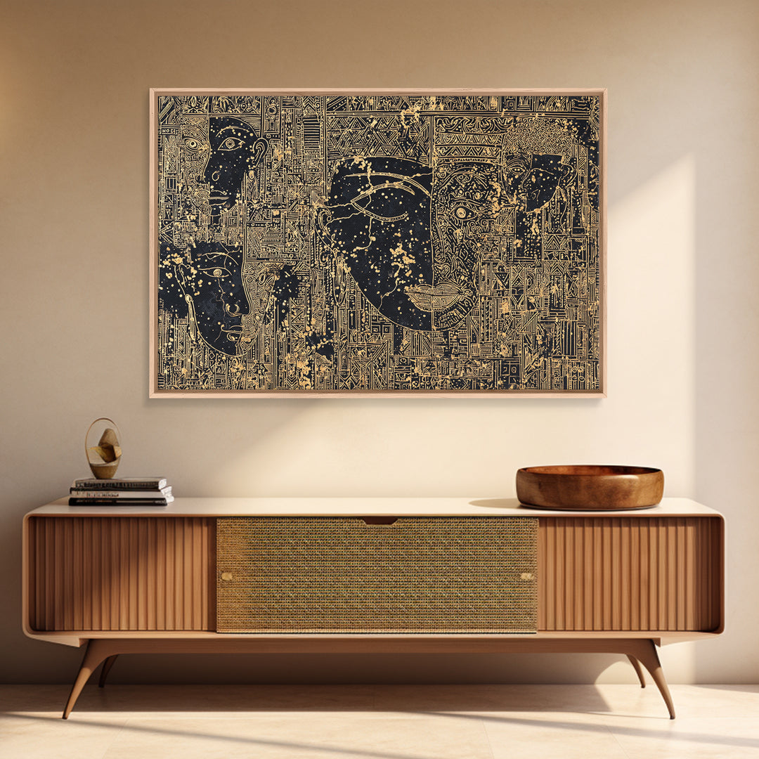 Golden Ancestral Faces And Geometric Tribal Patterns Wall Art, Afrocentric Black Culture Decor, Modern African Canvas Print