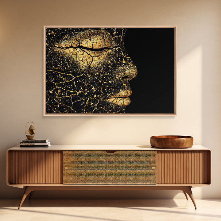 Golden Cracked Black Woman Profile Portrait Wall Art, Elegant Afrocentric Decor, Modern Black Art Print, Luxury Canvas Gift