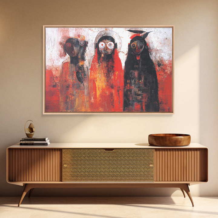 Mystic Three Tribal Figures In Red And Black Abstract Wall Art, African Mask Art Decor, Spiritual Afrocentric Canvas Print