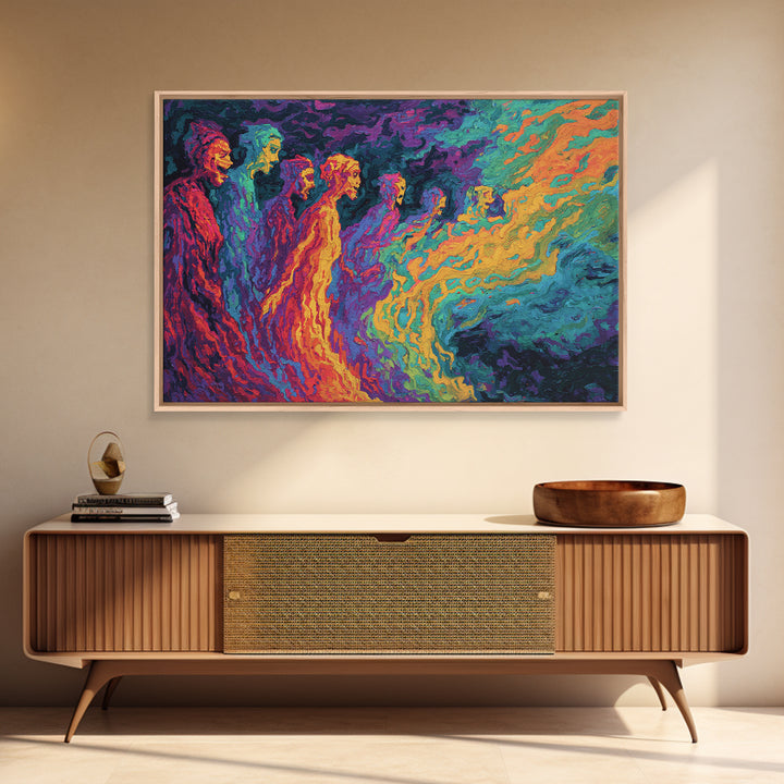 Vibrant Spectral Figures Facing A Swirling Cosmic Sea Canvas Print, Abstract African Art, Colorful Wall Decor Gift, Modern Art