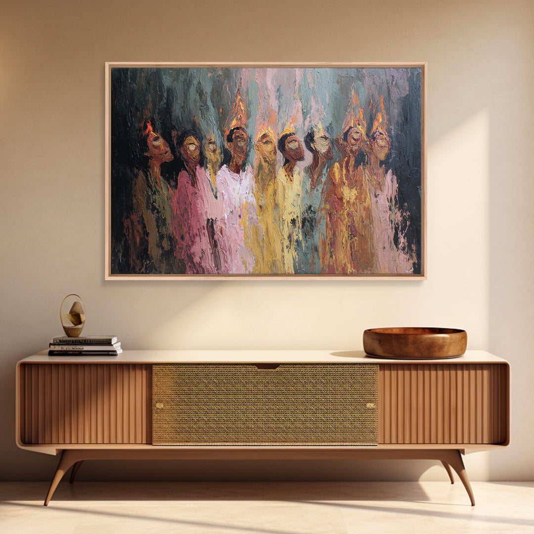 Textured Women In Fiery Robes With Tall Flame Crowns Framed Canvas Print, African Women Art, Elegant Wall Decor, Home Decor Gift
