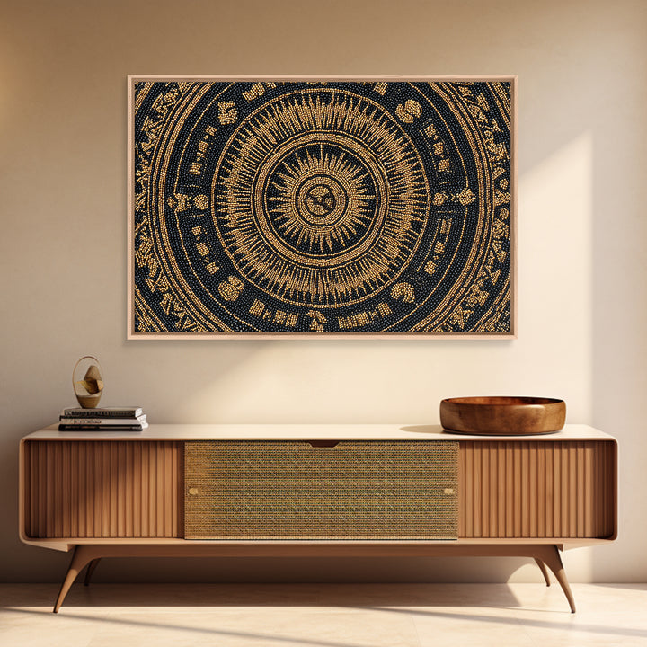 Gold Black African Mandala Bead Pattern Framed Canvas Print, Spiritual Circle Wall Decor, Elegant Ethnic Home Decor Gift