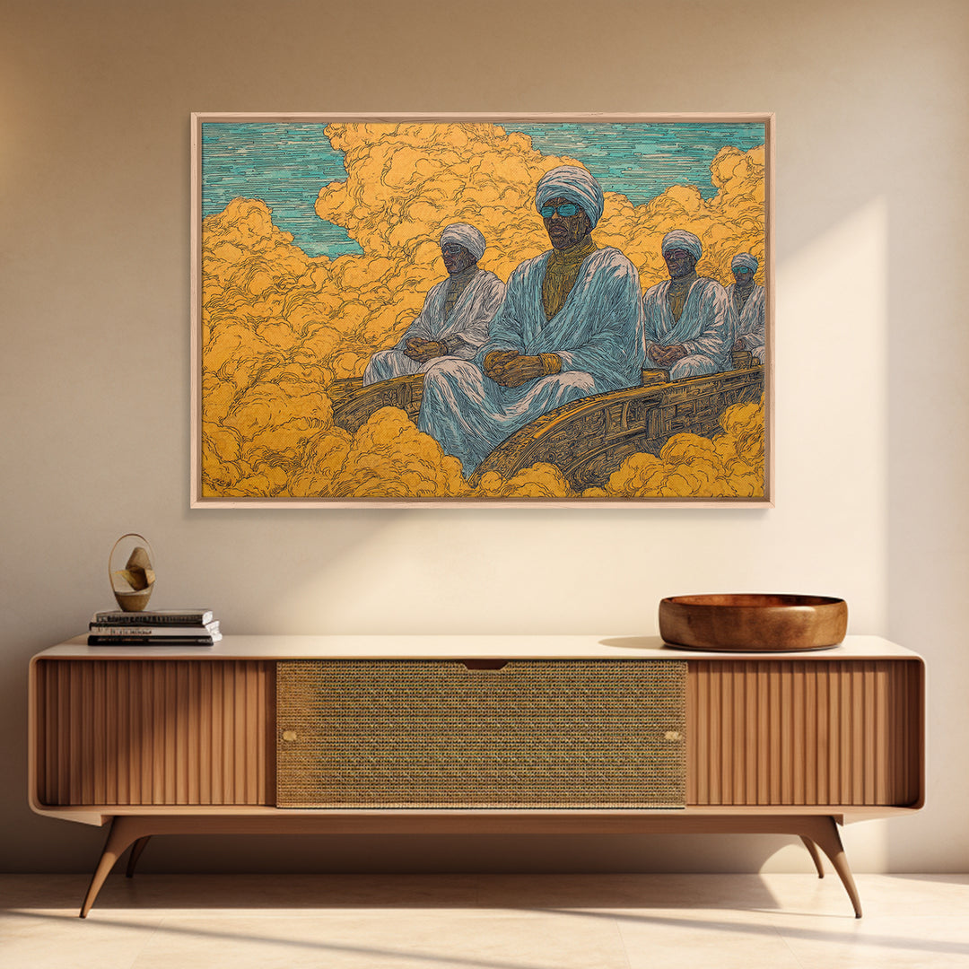 African Men In White Robes On Golden Cloud Canvas Print, Surreal Desert Journey, Cultural Wall Decor, Ethnic Home Decor Gift