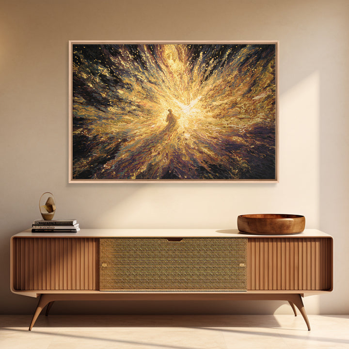 Radiant Golden Spiritual Figure Wall Art, Abstract Light Burst Painting, Mystical Afrocentric Decor, Statement Home Decor