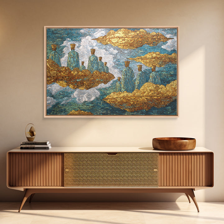 Surreal Floating Island Figures Wall Art, Blue And Gold African Inspired Decor, Dreamy Abstract Ethnic Art Print, Modern Canvas